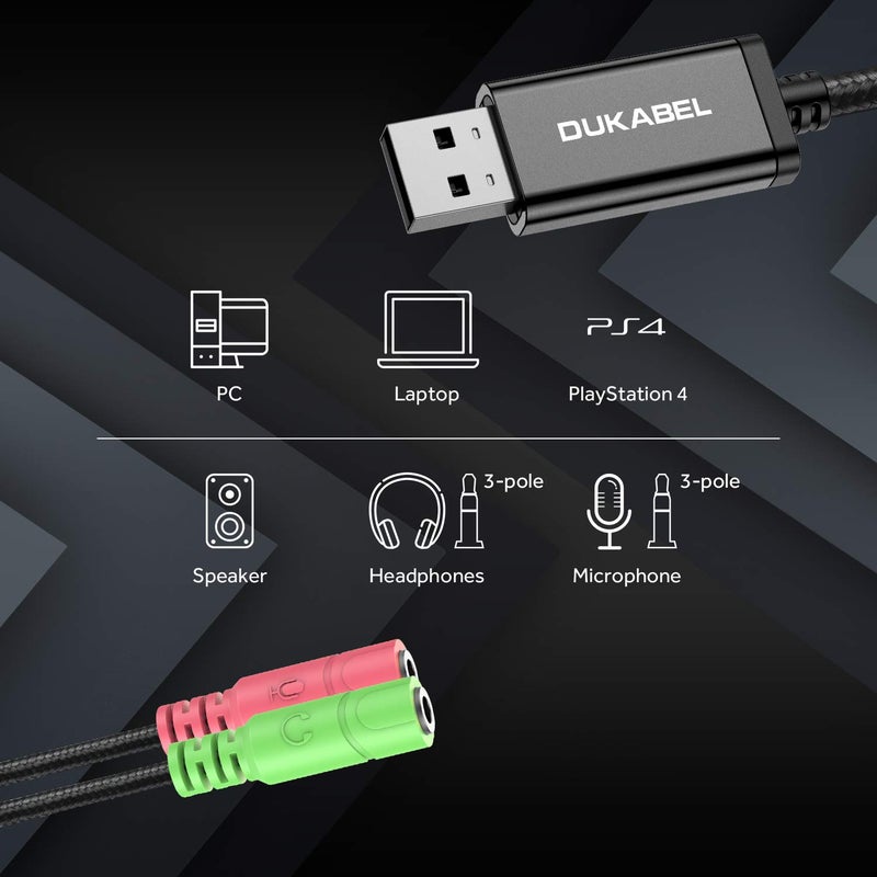 DuKabel USB to 3.5mm Jack TRS AUX Adapter for Built-in USB Sound Card with Separate Plug TRS 3 Pole Microphones [Metal Housing & Durable Braided / 9.8inch] - Image 2